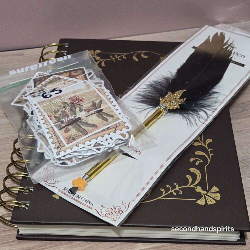 Vintage Aesthetic Journaling Set Victorian Brown Feather Pen Stickers Scrapbook